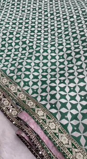 Diwali Chinon Silk Saree – Star Print Saree with Mirror Work, Embroidered Peacock Pallu & Lace Border in 3 Colours 20