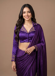 Diwali Collar Neck Saree Blouse – Blueberry Silk with Sequin Handwork Collar & Sleeves 7