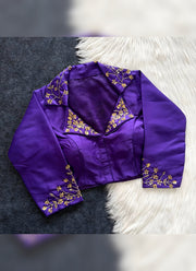 Diwali Collar Neck Saree Blouse – Blueberry Silk with Sequin Handwork Collar & Sleeves 9