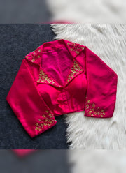 Diwali Collar Neck Saree Blouse – Blueberry Silk with Sequin Handwork Collar & Sleeves 5