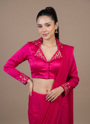 Diwali Collar Neck Saree Blouse – Blueberry Silk with Sequin Handwork Collar & Sleeves 4