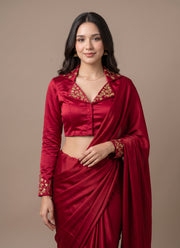 Diwali Collar Neck Saree Blouse – Blueberry Silk with Sequin Handwork Collar & Sleeves 1