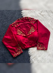 Diwali Collar Neck Saree Blouse – Blueberry Silk with Sequin Handwork Collar & Sleeves 3