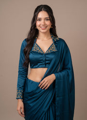 Diwali Collar Neck Saree Blouse – Blueberry Silk with Sequin Handwork Collar & Sleeves 6