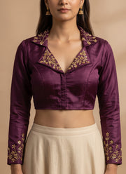 Diwali Collar Neck Saree Blouse – Blueberry Silk with Sequin Handwork Collar & Sleeves 11