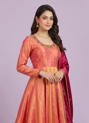 Diwali Sindoor Tissue Silk Anarkali Gown – Maggam Hand Work with Double-Layer Flare & Contrast Dupatta 6