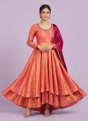 Diwali Sindoor Tissue Silk Anarkali Gown – Maggam Hand Work with Double-Layer Flare & Contrast Dupatta 5