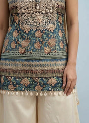 Diwali Teal & Cream Satin Palazzo Set – Embroidered Printed Kurti with Cowrie Shell Tassels & Dupatta 6