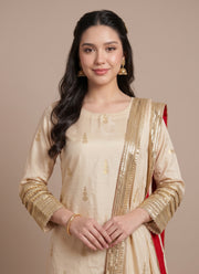 Diwali Cream Banarasi Silk Kurti Set – A-Line Kurti with Pant & Gold Border Dupatta 3