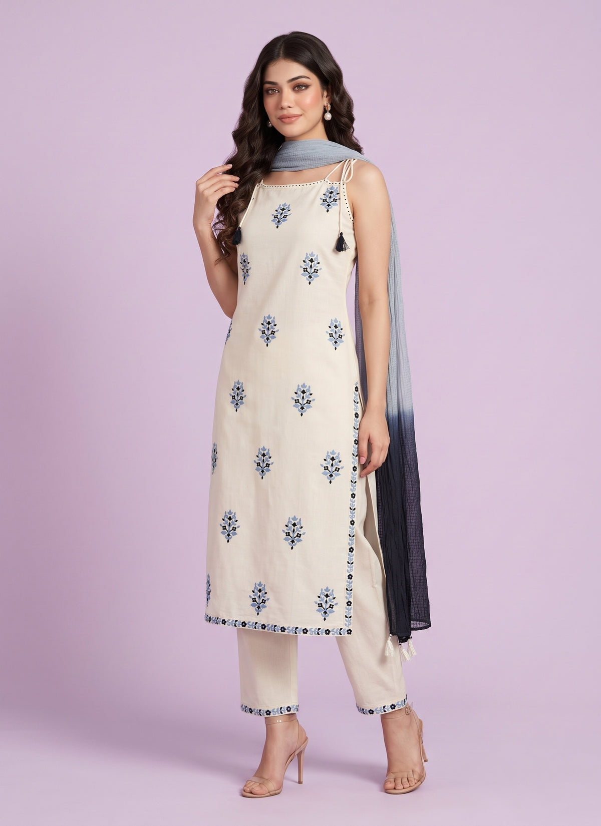 Diwali Pure Cotton Kurti Pant Set – Sleeveless Embroidered Kurti with Ombre Dupatta Australia
