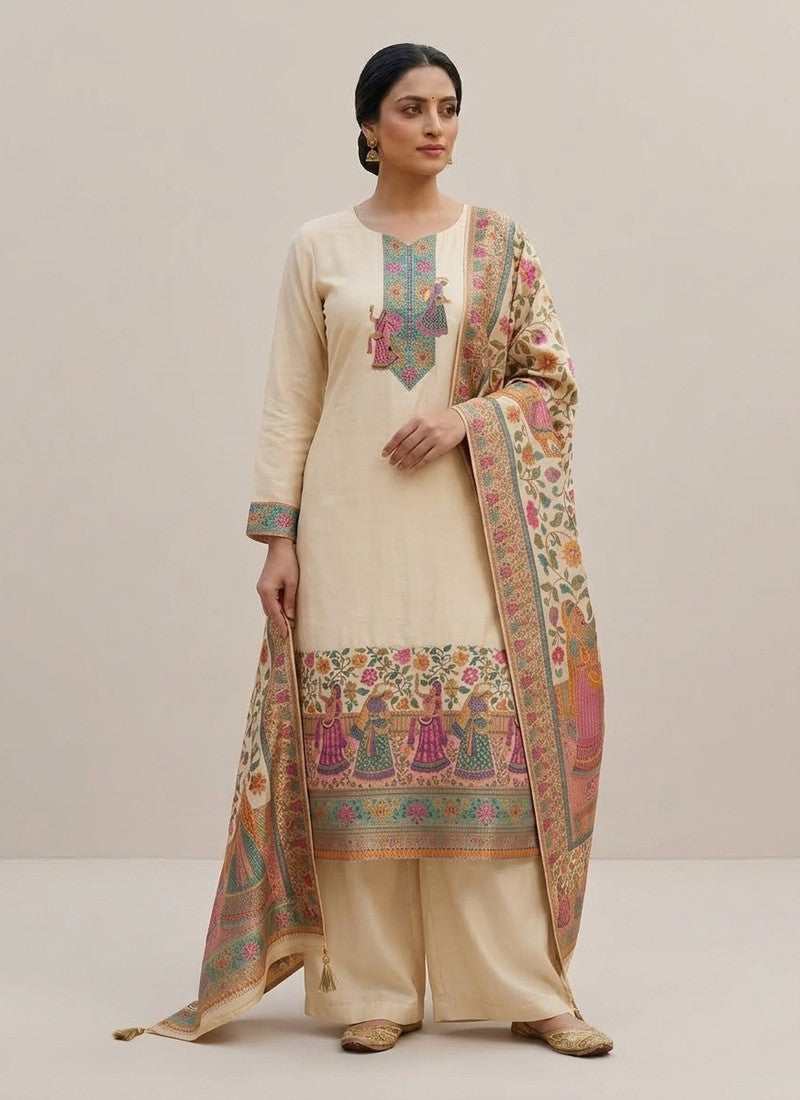 Diwali Cream Kani Silk Suit – Handwoven Dancing Women Border & Kani Dupatta Australia