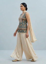 Diwali Teal & Cream Satin Palazzo Set – Embroidered Printed Kurti with Cowrie Shell Tassels & Dupatta 4