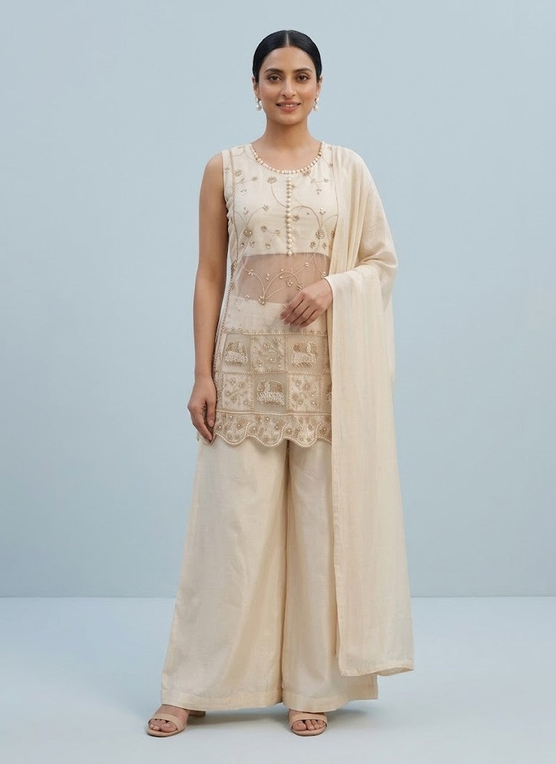 Diwali Cream Shimmer Palazzo Set – Pearl & Elephant Motif Embroidered Kurti with Dupatta Australia