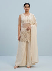 Diwali Cream Shimmer Palazzo Set – Pearl & Elephant Motif Embroidered Kurti with Dupatta 1