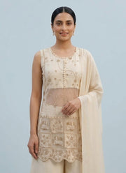 Diwali Cream Shimmer Palazzo Set – Pearl & Elephant Motif Embroidered Kurti with Dupatta 3