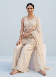 Diwali Cream Shimmer Palazzo Set – Pearl & Elephant Motif Embroidered Kurti with Dupatta 6