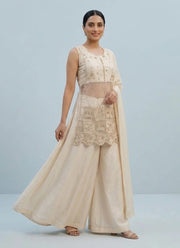Diwali Cream Shimmer Palazzo Set – Pearl & Elephant Motif Embroidered Kurti with Dupatta 2