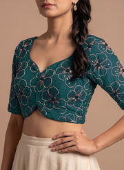 Diwali Crush Silk Embroidered Blouse – Bead & Sequin Flower Work Readymade Padded Blouse 11