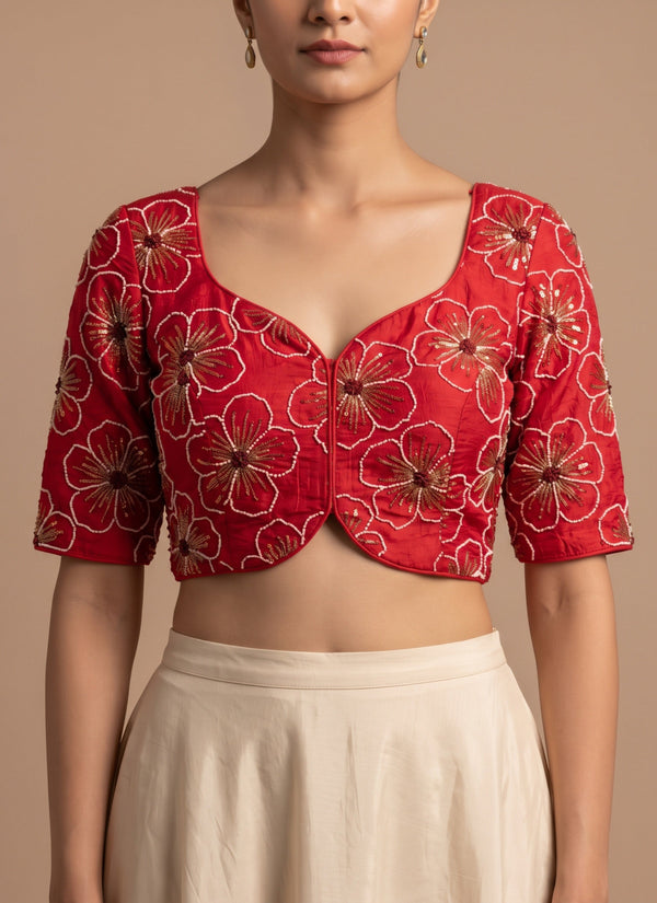 Red crush silk embroidered blouse with bead and sequin flowers – front view