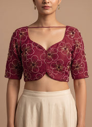 Diwali Crush Silk Embroidered Blouse – Bead & Sequin Flower Work Readymade Padded Blouse 12