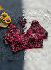 Diwali Crush Silk Embroidered Blouse – Bead & Sequin Flower Work Readymade Padded Blouse 13