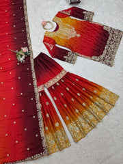 Diwali Shaded Chinon Sharara Suit – Gold Sequin & Pearl Embroidery with Tassels & Lace Dupatta 3