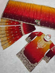 Diwali Shaded Chinon Sharara Suit – Gold Sequin & Pearl Embroidery with Tassels & Lace Dupatta 4