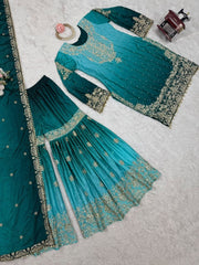 Diwali Shaded Chinon Sharara Suit – Gold Sequin & Pearl Embroidery with Tassels & Lace Dupatta 7