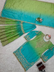 Diwali Shaded Chinon Sharara Suit – Gold Sequin & Pearl Embroidery with Tassels & Lace Dupatta 10