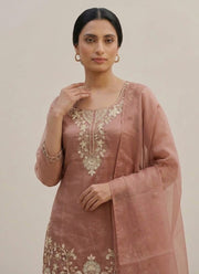 Diwali Dusty Pink Palazzo Suit – Gabana Silk with Scalloped Embroidered Kurta & Organza Dupatta 3