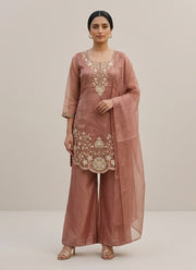 Diwali Dusty Pink Palazzo Suit – Gabana Silk with Scalloped Embroidered Kurta & Organza Dupatta 1