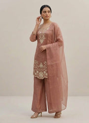 Diwali Dusty Pink Palazzo Suit – Gabana Silk with Scalloped Embroidered Kurta & Organza Dupatta 2