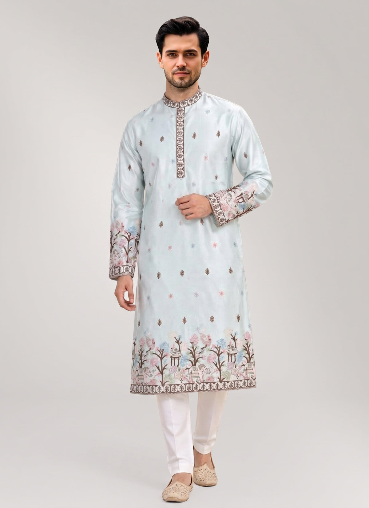 Diwali Elephant Embroidery Kurta Pajama for Men – Pure Silk Kurta with Bird & Tree Hem and Cotton Pyjama Australia