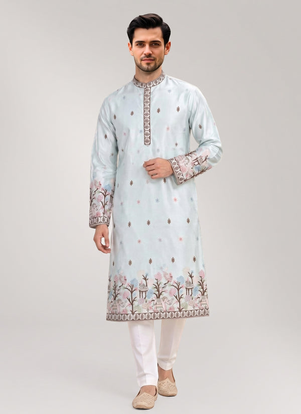 Sky blue elephant embroidery kurta pajama for men – front view