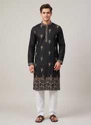 Diwali Embroidered Cotton Kurta for Men – Palace Skyline Hem Embroidery with Optional White Pyjama 1