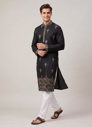 Diwali Embroidered Cotton Kurta for Men – Palace Skyline Hem Embroidery with Optional White Pyjama 4