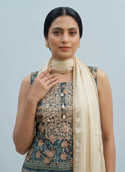 Diwali Teal & Cream Satin Palazzo Set – Embroidered Printed Kurti with Cowrie Shell Tassels & Dupatta 3