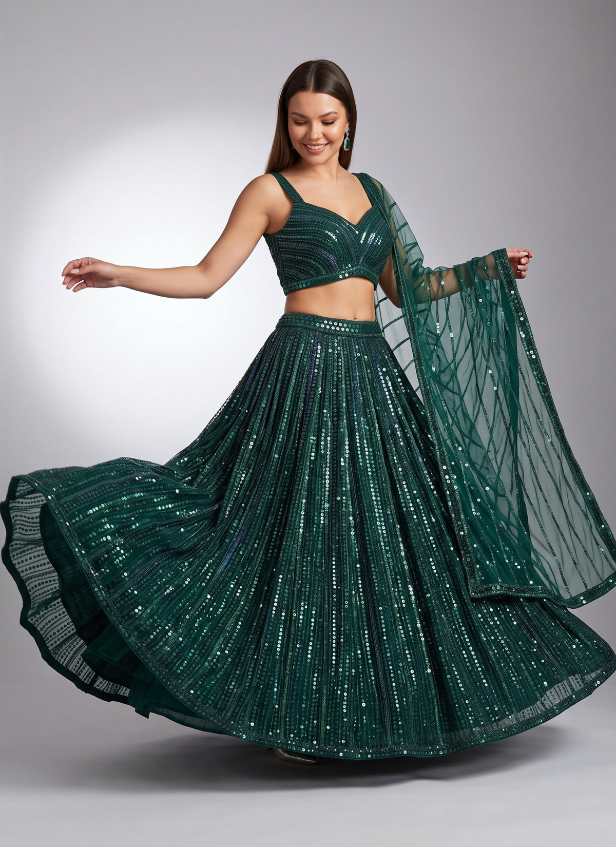 Diwali Emerald Sequin Lehenga – Soft Net with Rainbow Sequin & Dori Work, Sweetheart Blouse & Net Dupatta Australia