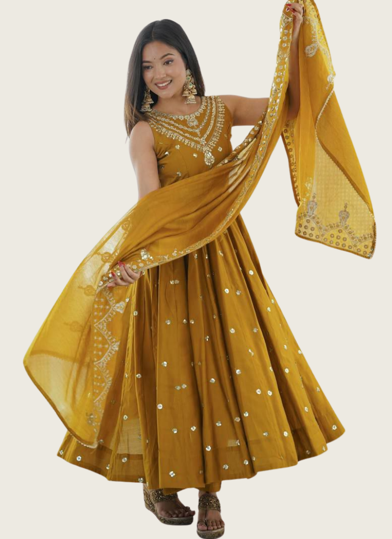 Anarkali Suit in Roman Silk with Sequins Embroidery + Chanderi Dupatta Gleemium fashion 