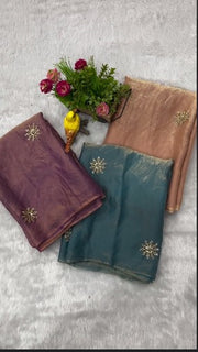 Diwali Fendi Satin Handwork Saree – Bead & Pipe Work Butta Saree with Plain Blouse in 3 Colours 18