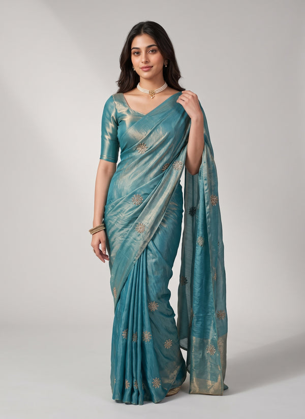 Diwali teal blue fendi satin saree with bead handwork buttis