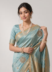 Diwali Fendi Satin Saree – Jacquard Border Saree with Zari Handwork Medallions, Pearls & Fringe Lace in 5 Colours 10