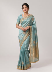 Diwali Fendi Satin Saree – Jacquard Border Saree with Zari Handwork Medallions, Pearls & Fringe Lace in 5 Colours 9