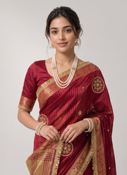 Diwali Fendi Satin Saree – Jacquard Border Saree with Zari Handwork Medallions, Pearls & Fringe Lace in 5 Colours 4