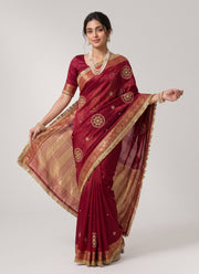 Diwali Fendi Satin Saree – Jacquard Border Saree with Zari Handwork Medallions, Pearls & Fringe Lace in 5 Colours 3