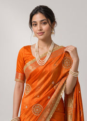 Diwali Fendi Satin Saree – Jacquard Border Saree with Zari Handwork Medallions, Pearls & Fringe Lace in 5 Colours 6