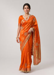 Diwali Fendi Satin Saree – Jacquard Border Saree with Zari Handwork Medallions, Pearls & Fringe Lace in 5 Colours 5