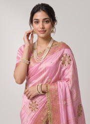 Diwali Fendi Satin Saree – Jacquard Border Saree with Zari Handwork Medallions, Pearls & Fringe Lace in 5 Colours 8