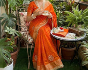 Diwali Fendi Satin Saree – Jacquard Border Saree with Zari Handwork Medallions, Pearls & Fringe Lace in 5 Colours 11