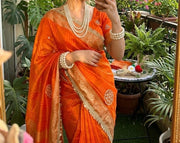 Diwali Fendi Satin Saree – Jacquard Border Saree with Zari Handwork Medallions, Pearls & Fringe Lace in 5 Colours 12